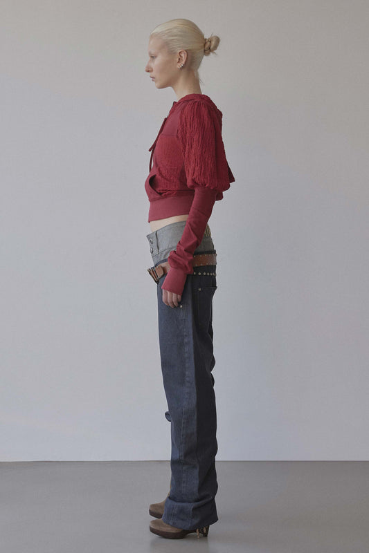 Puff Sleeve Zip-Up Hoodie Red