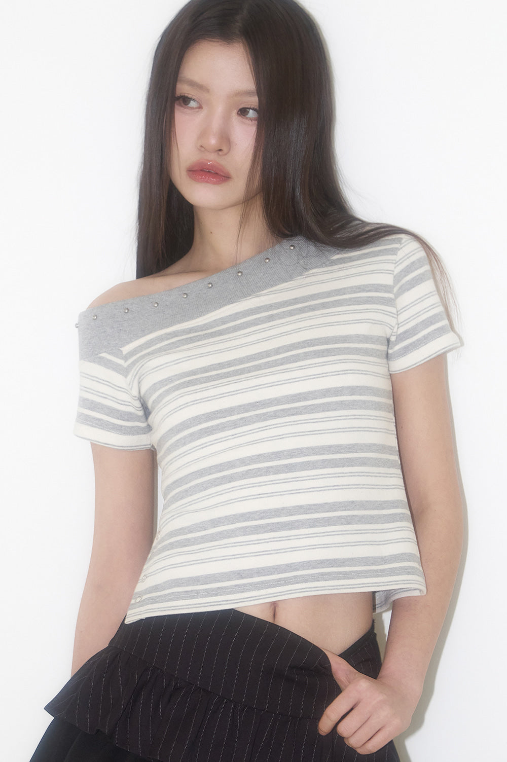One Shoulder Stud Stripe Top Gray Ivory