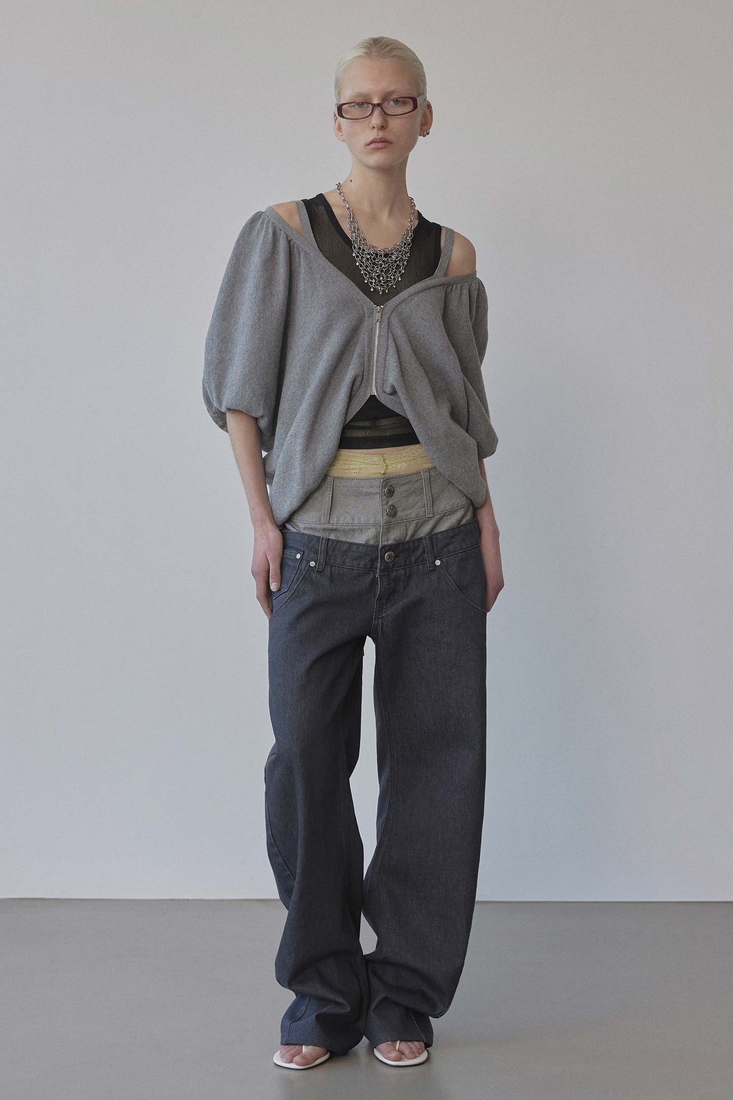 Jacquard Knit Cardigan Melange Gray