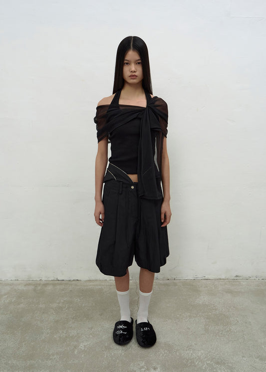 SCARF-DETAIL HALTER-NECK TOP (BLACK)