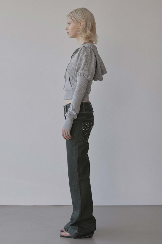 Puff Sleeve Zip-Up Hoodie Melange Gray