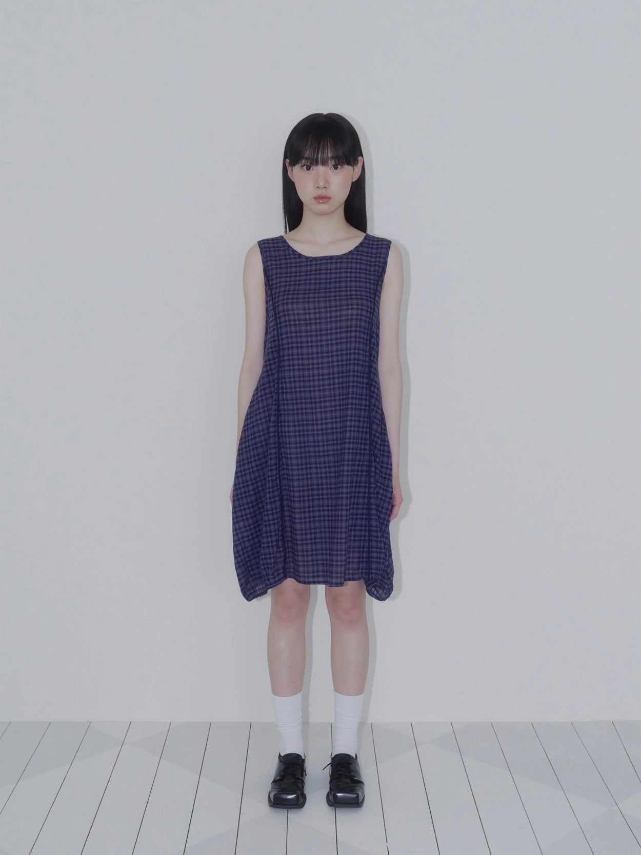 BALLOON CHECK DRESS (NAVY)