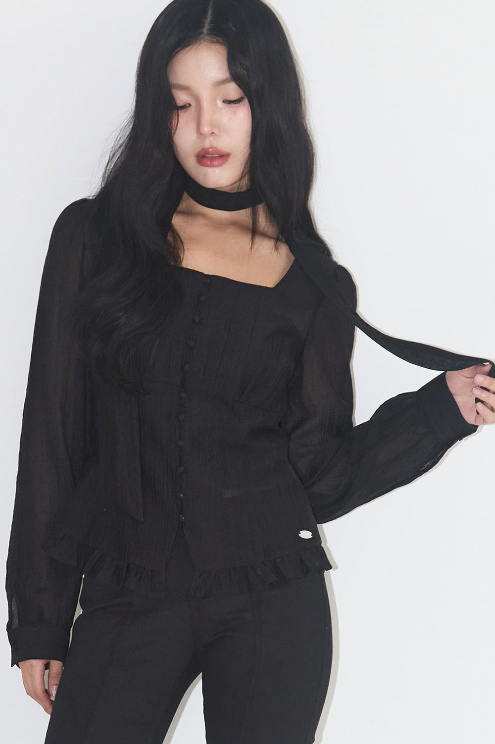 Ribbon Tie Square Neck Long Blouse Black