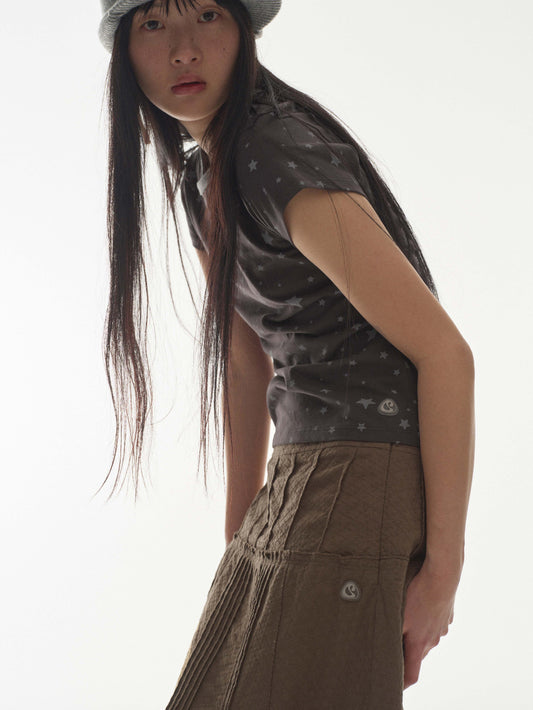 FLOWER PINTUCK SKIRT BROWN