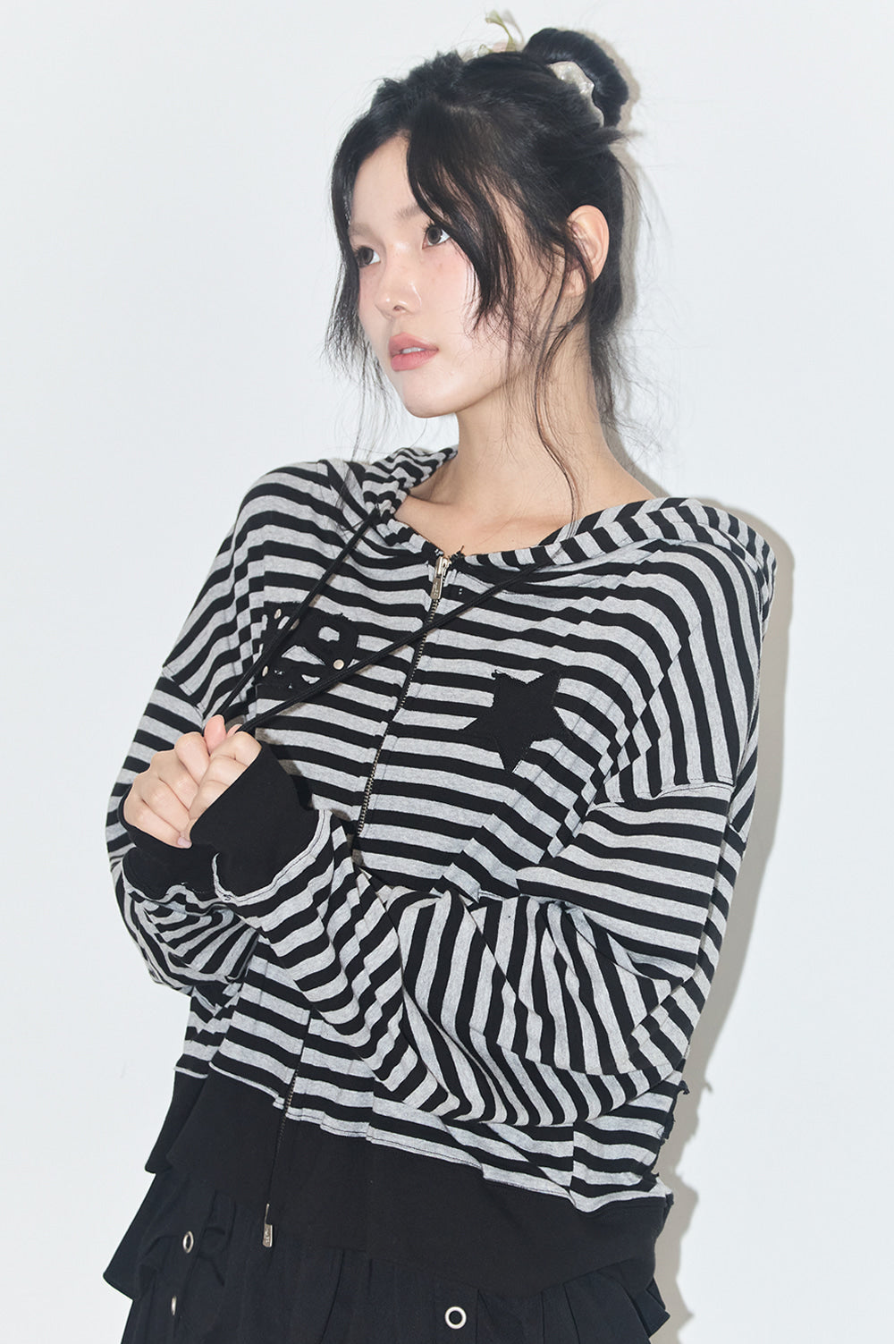 Starry Stripe Hood Zip-Up Black
