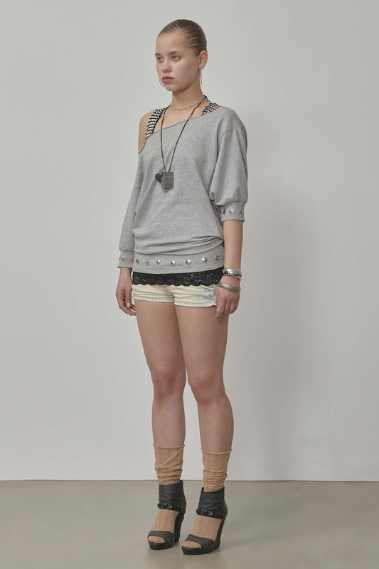 Stud Half Sleeve Sweatshirt Melange Gray