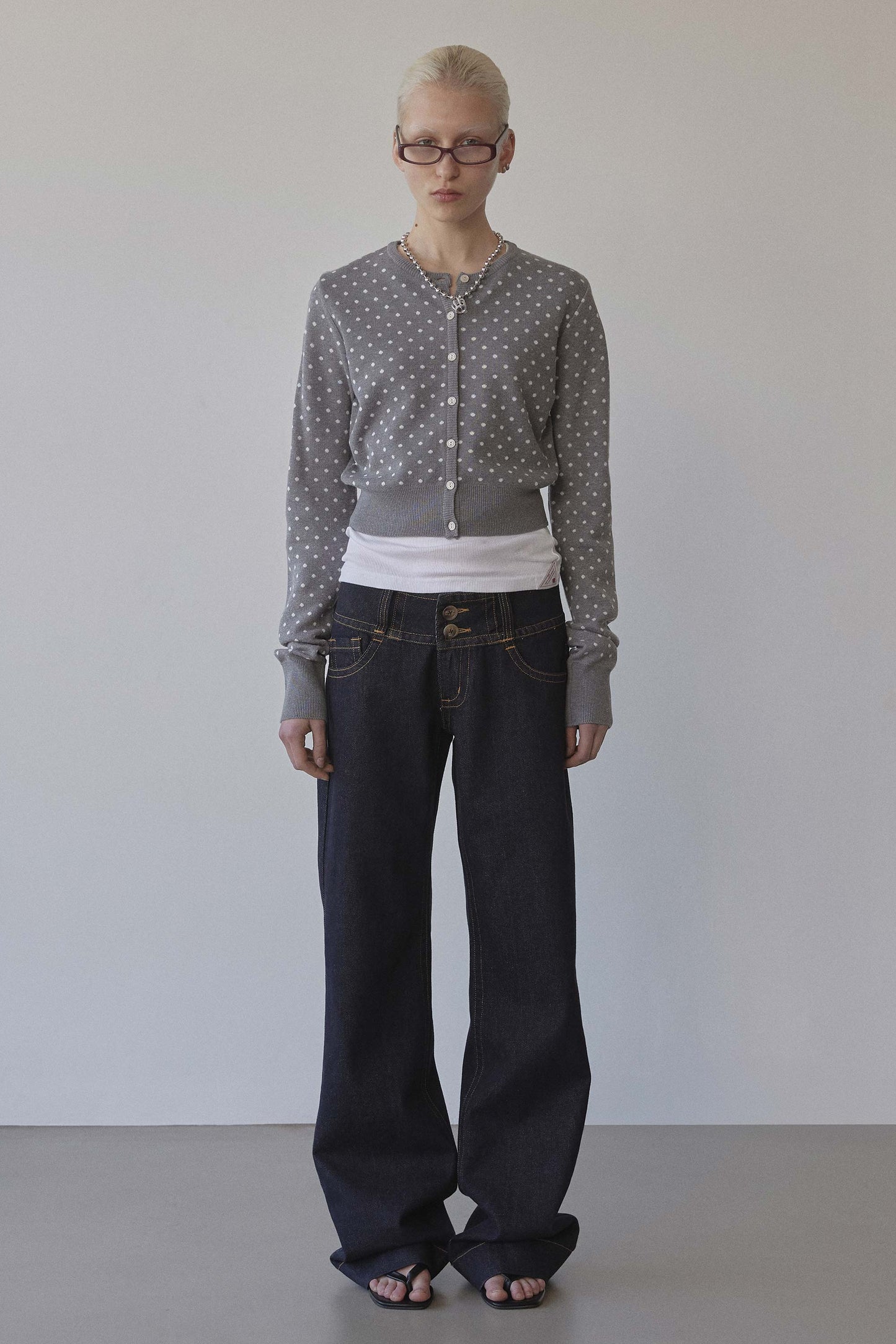 Polka Dot Cardigan Melange Gray/White