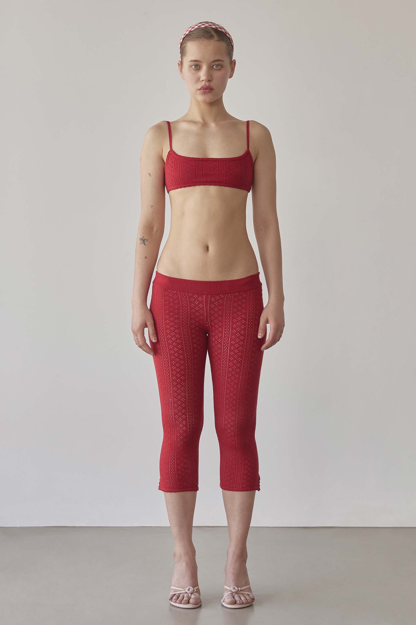 Eyelet Knit Capri Pants Red