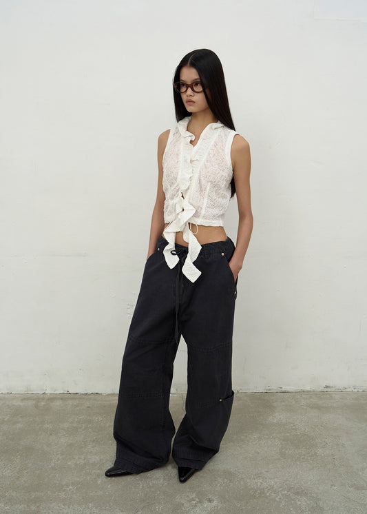 WASHED STRING WIDE-LEG TROUSERS (DARK GREY)