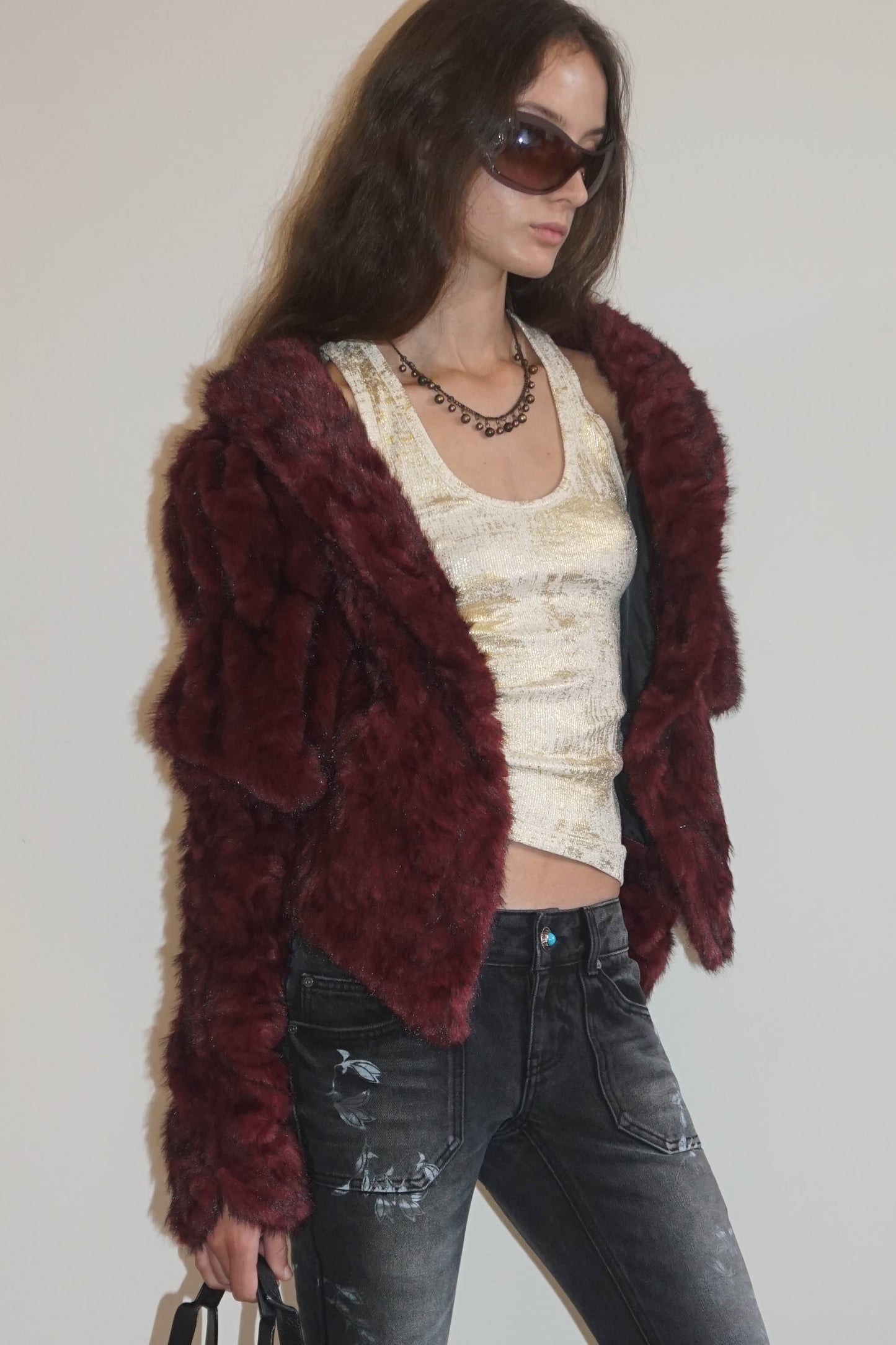 Faux Fur Corset Jacket Wine