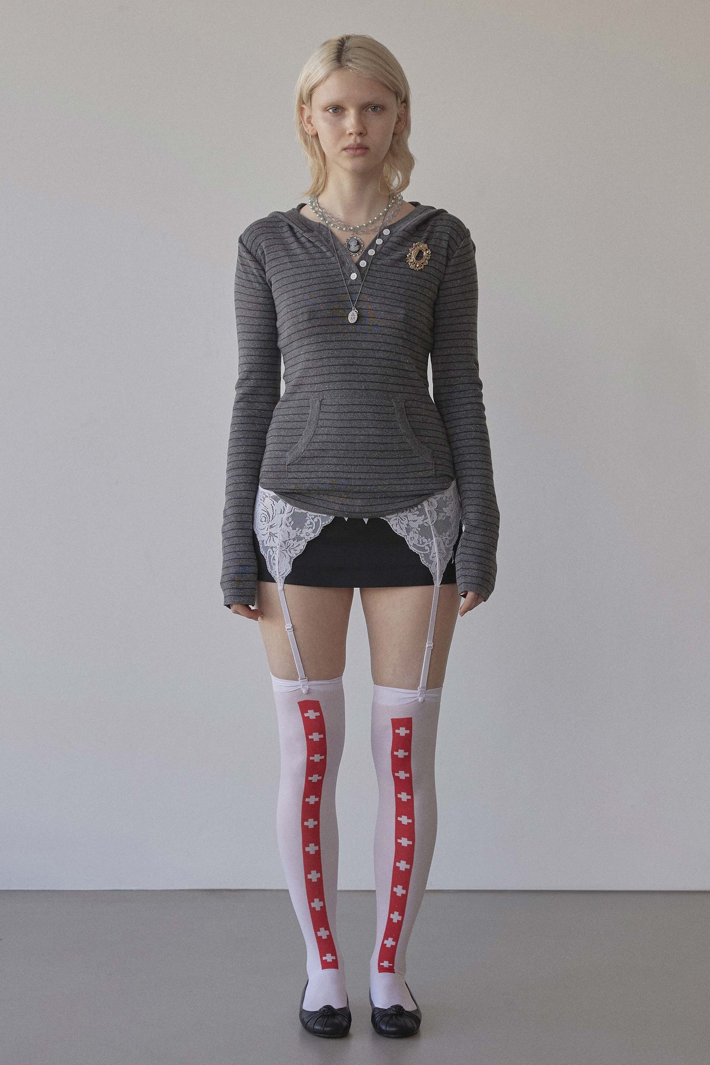 Knitted Stripe Hoodie Charcoal/Black