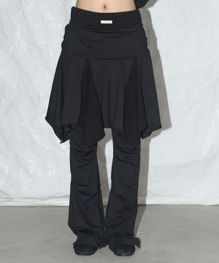UNBALANCE SKIRT LAYERED PINTUCK PANTS (BLACK)