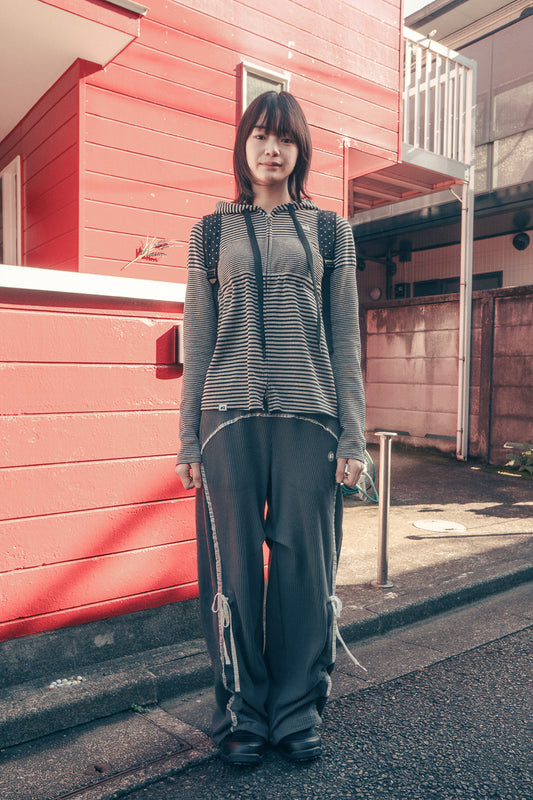 Stripe babydoll hoodie zip-up (White Black)