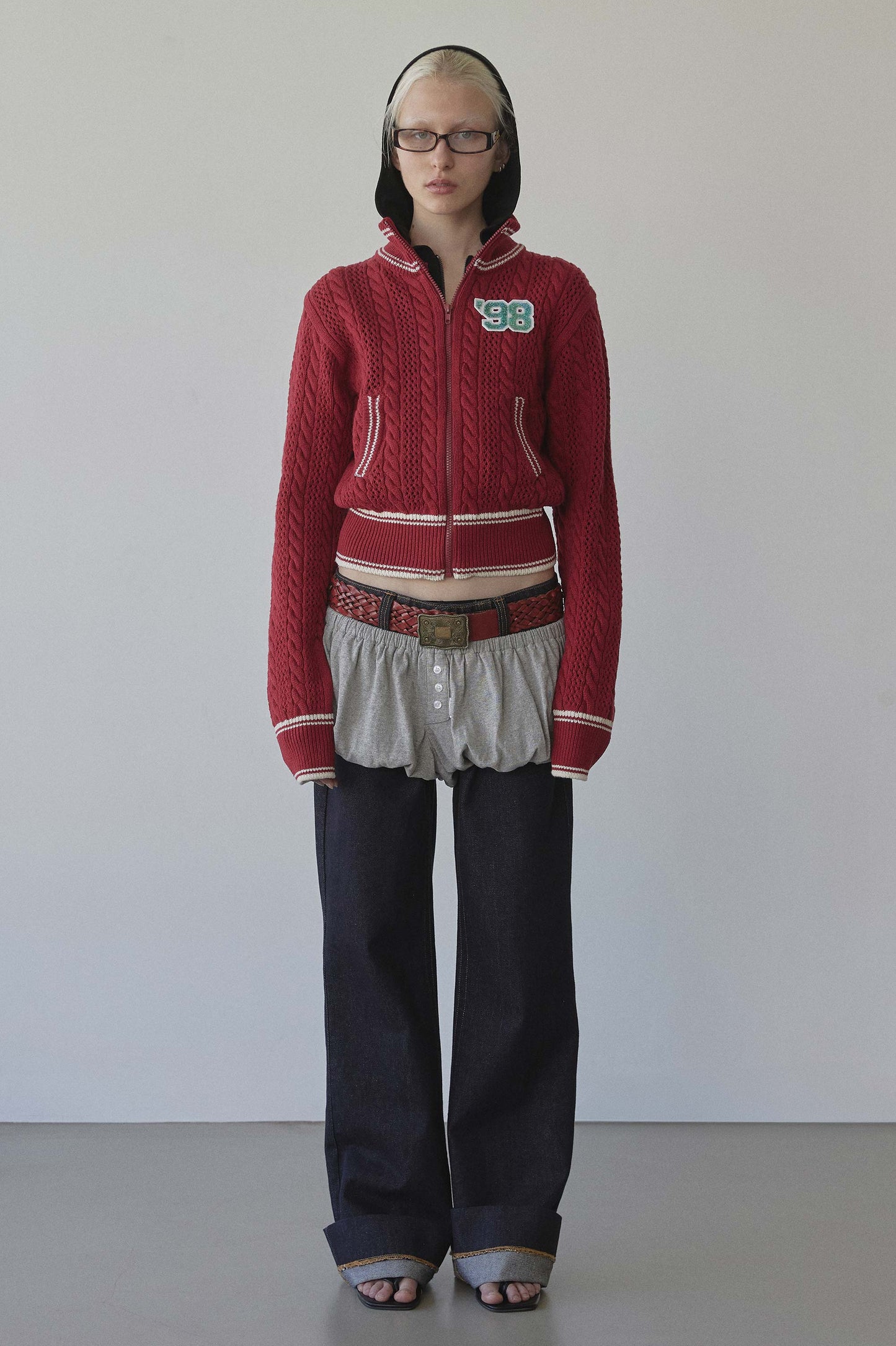 Knitted Cable Track Zip-Up Red/Ivory