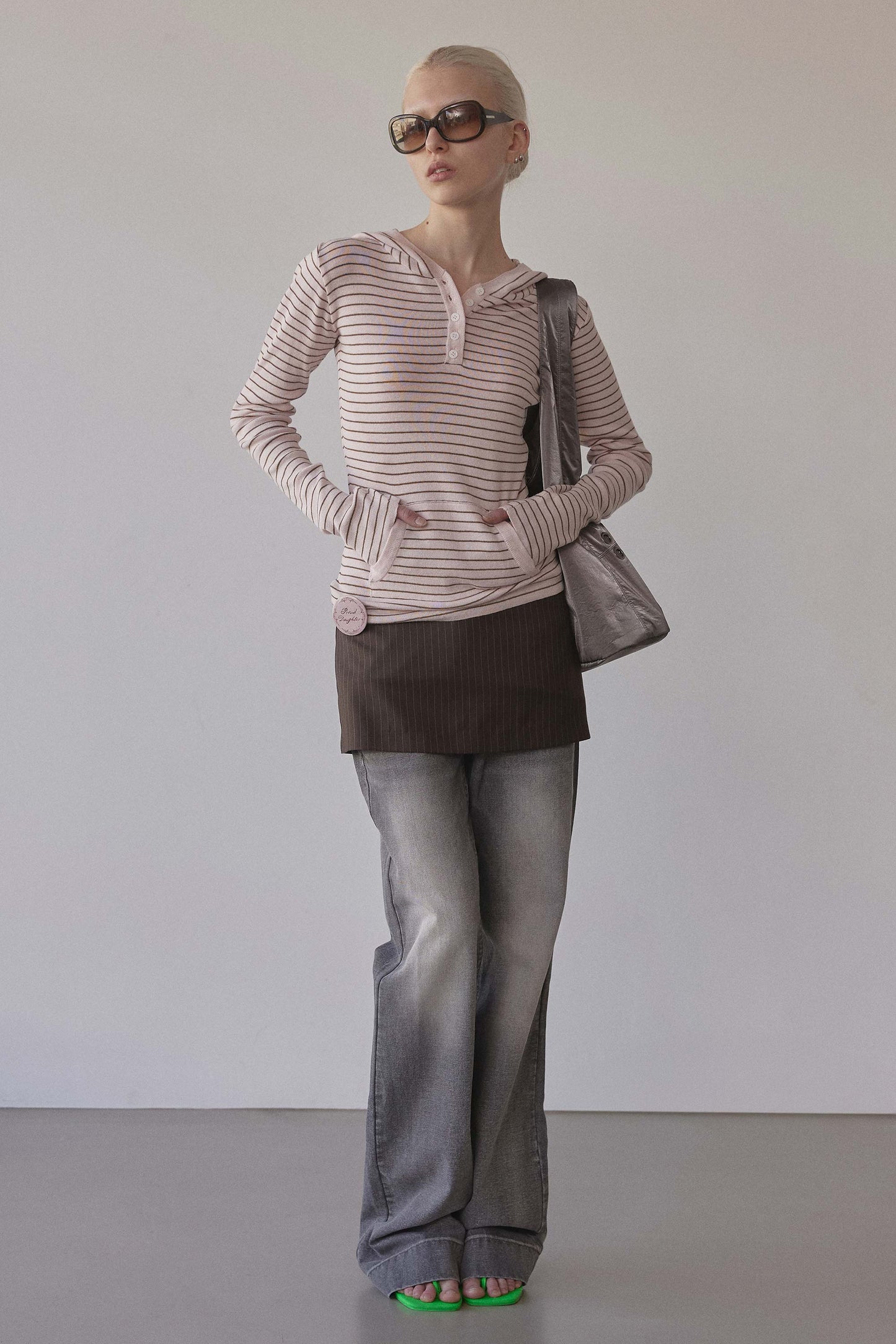 Knitted Stripe Hoodie Pink/Brown