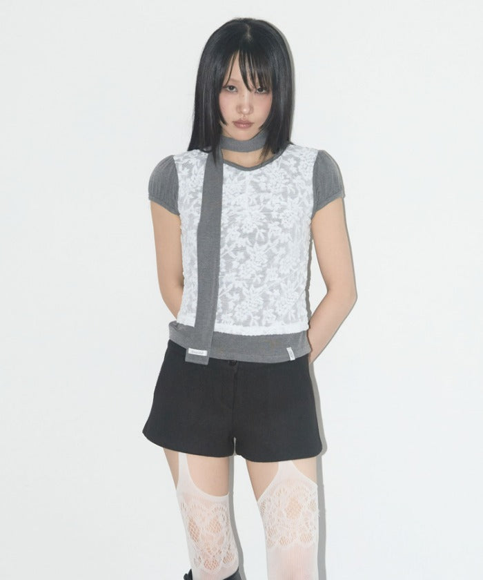 LACE SHIRRING TOP & SCARF (GRAY)