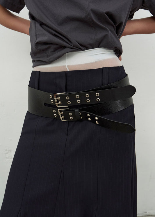 WIDE DOUBLE EYELET LEATHER BELT (BLACK)