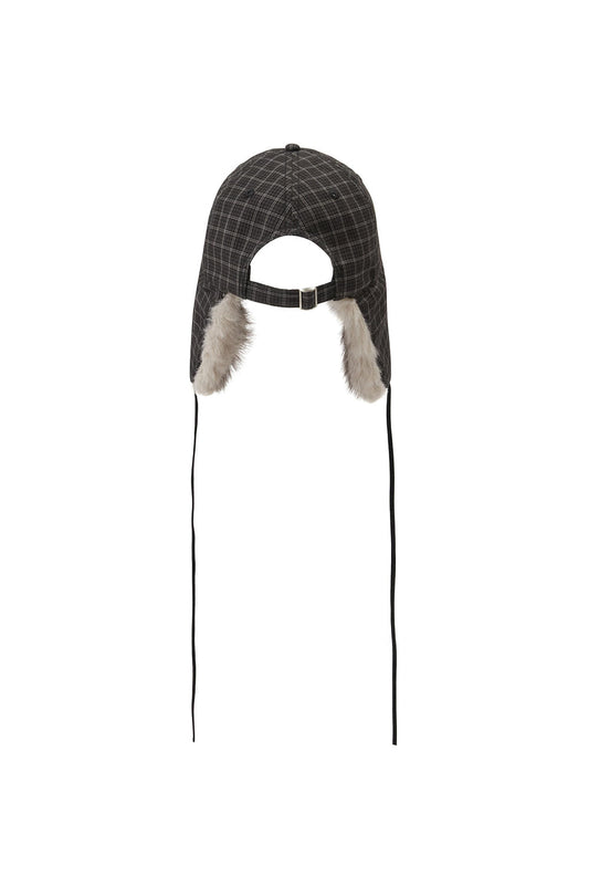 Fluffy Earflap Cap Checked Green