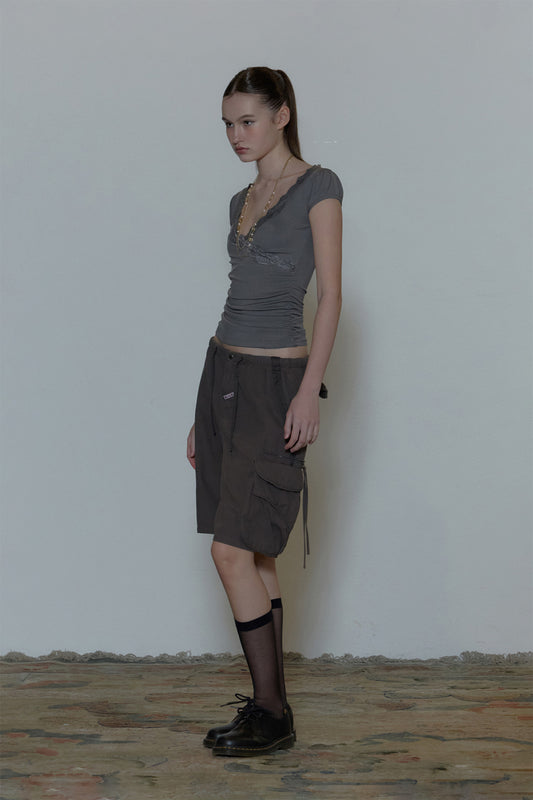 lace Trim Wrap Tee Charcoal