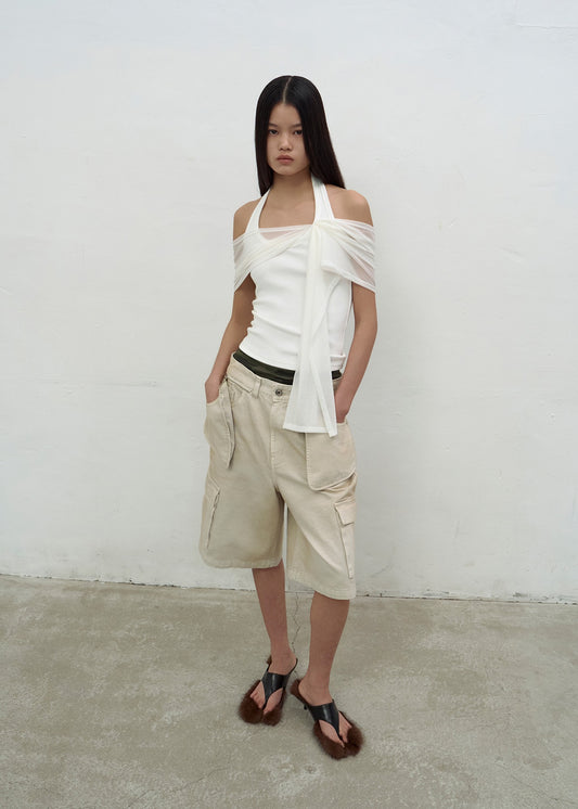 MULTI-POCKET DENIM SHORTS (SAND BEIGE)