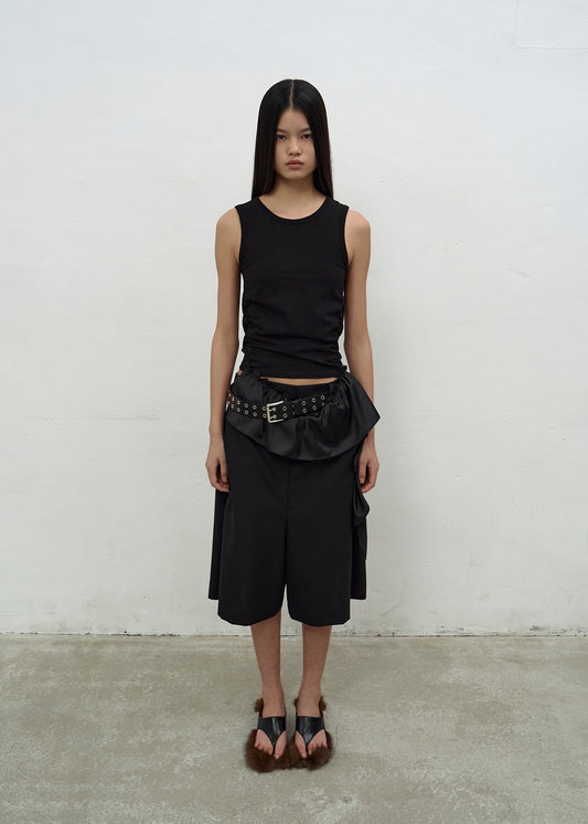 SATIN FRILL SLEEVELESS TOP (BLACK)