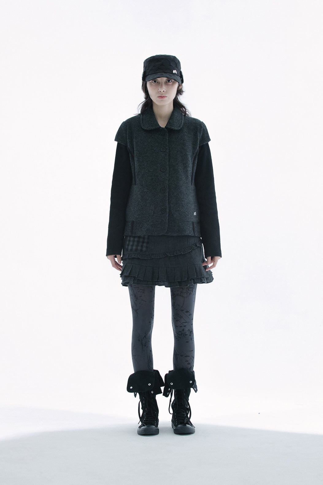 Round collar knit jacket (Charcoal)