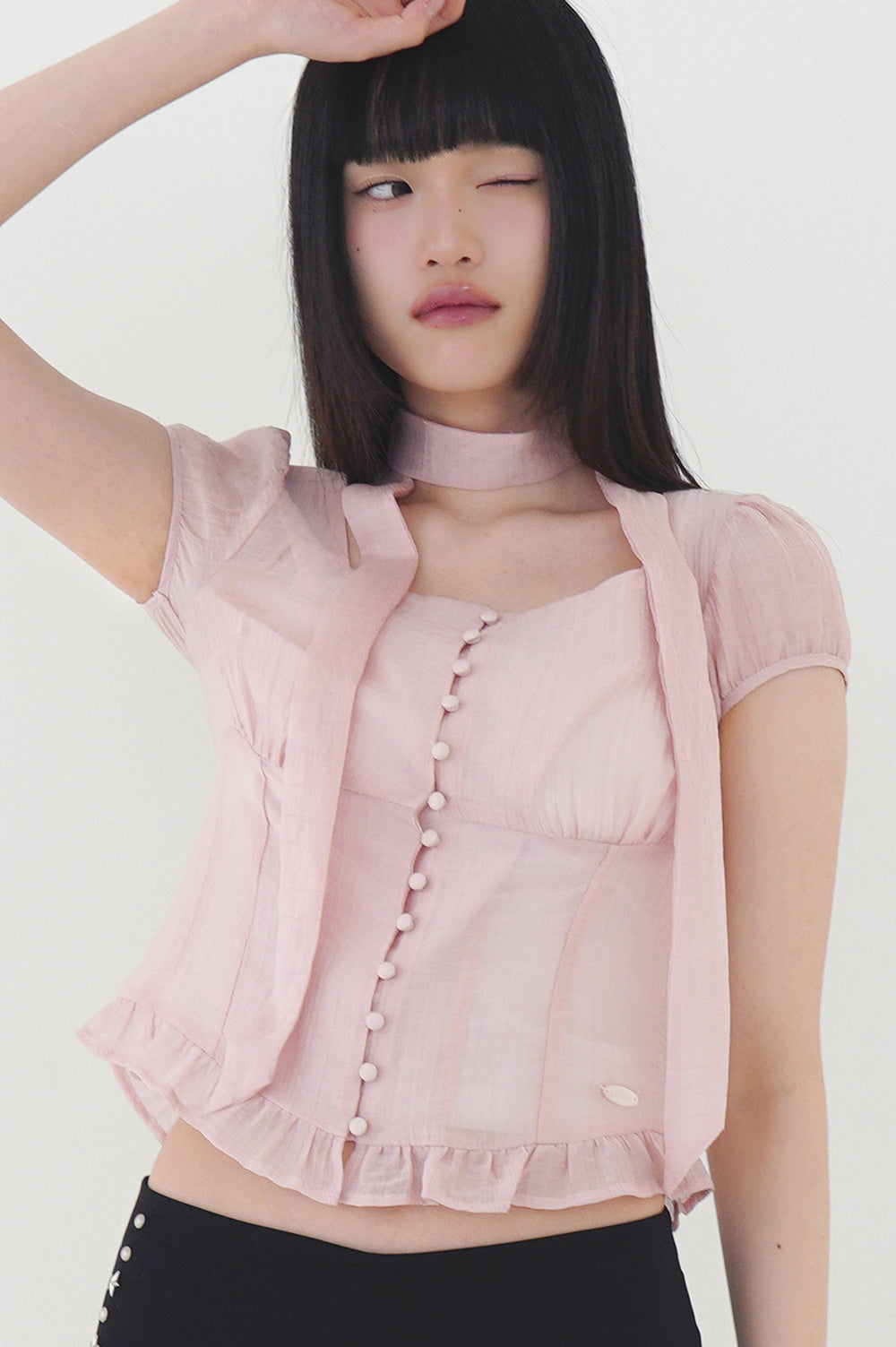 Ribbon Tie Square Neck Blouse Pink