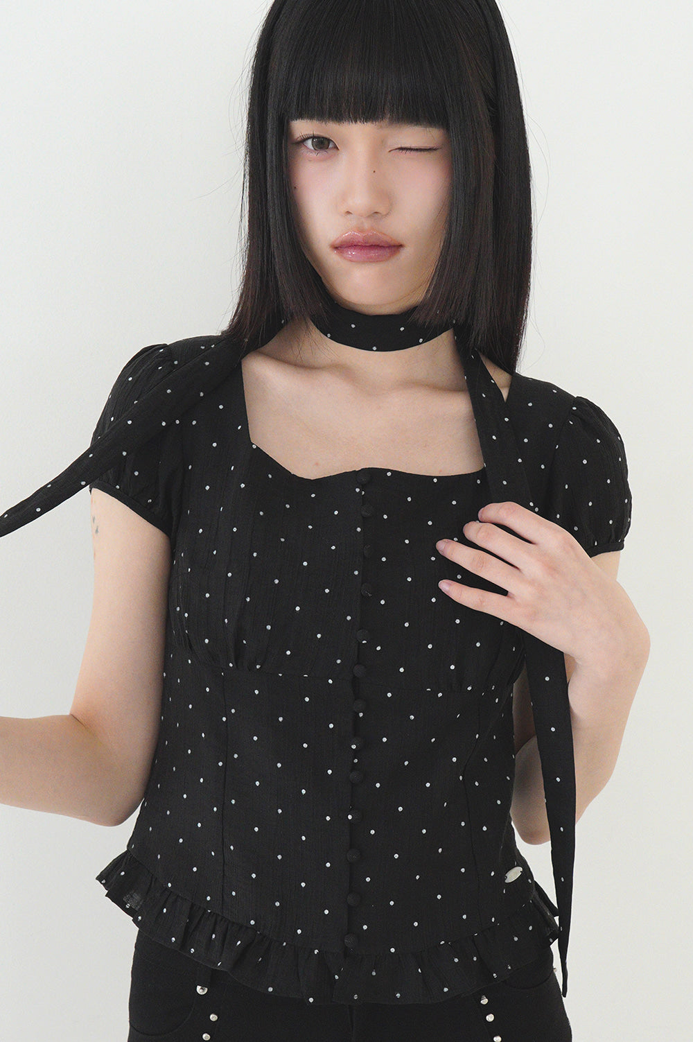 Ribbon Tie Square Neck Blouse Black Dot