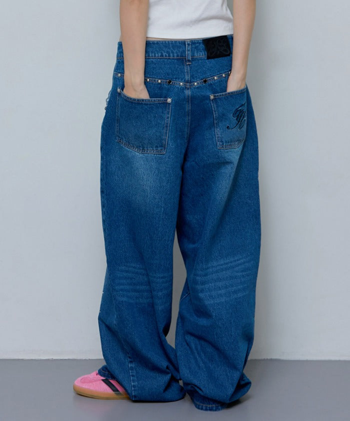BOHEMIAN STUDDED DENIM PANTS (BLUE)