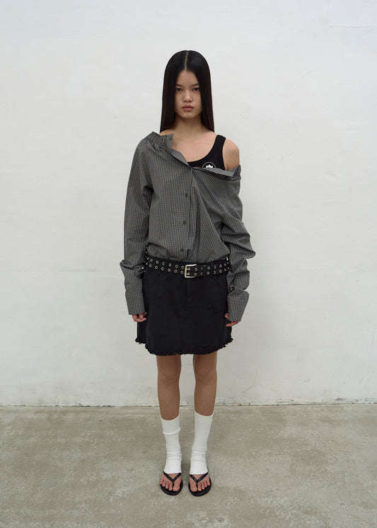 DOUBLE WAISTED DENIM MINI SKIRT (BLACK)