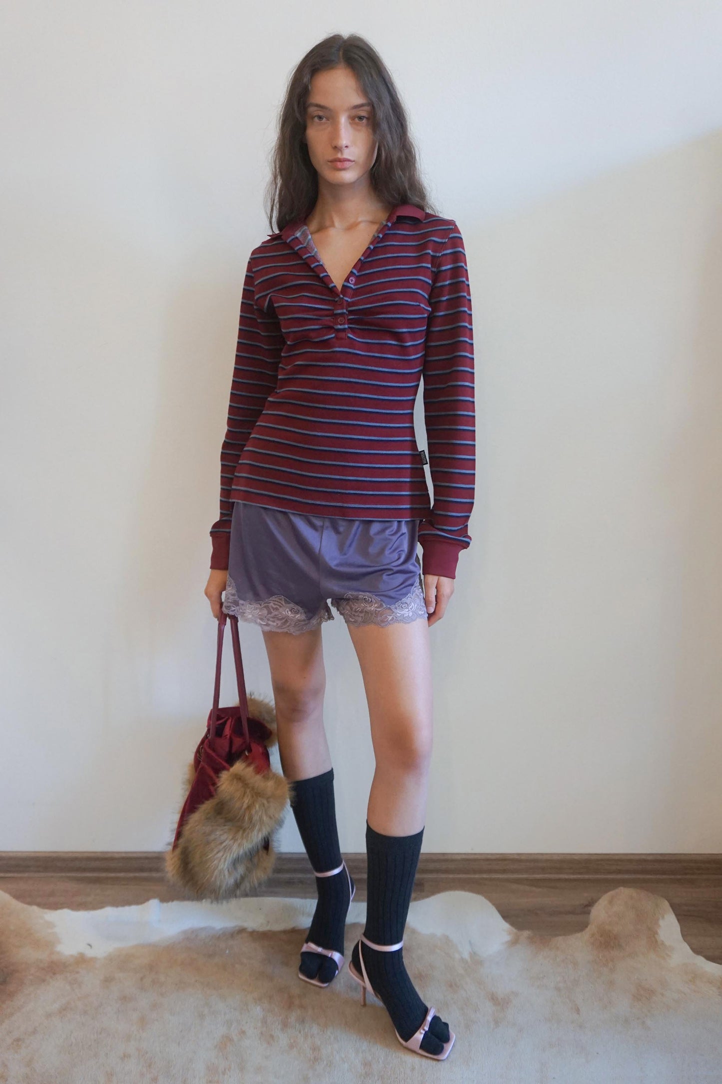 Shirring Tennis Shirt Wine Stripe