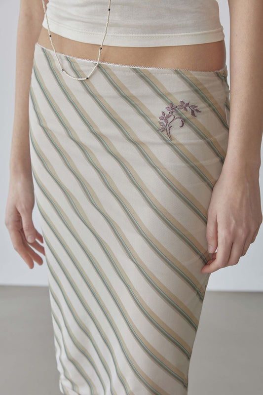 Mesh Stripe Midi Skirt Beige