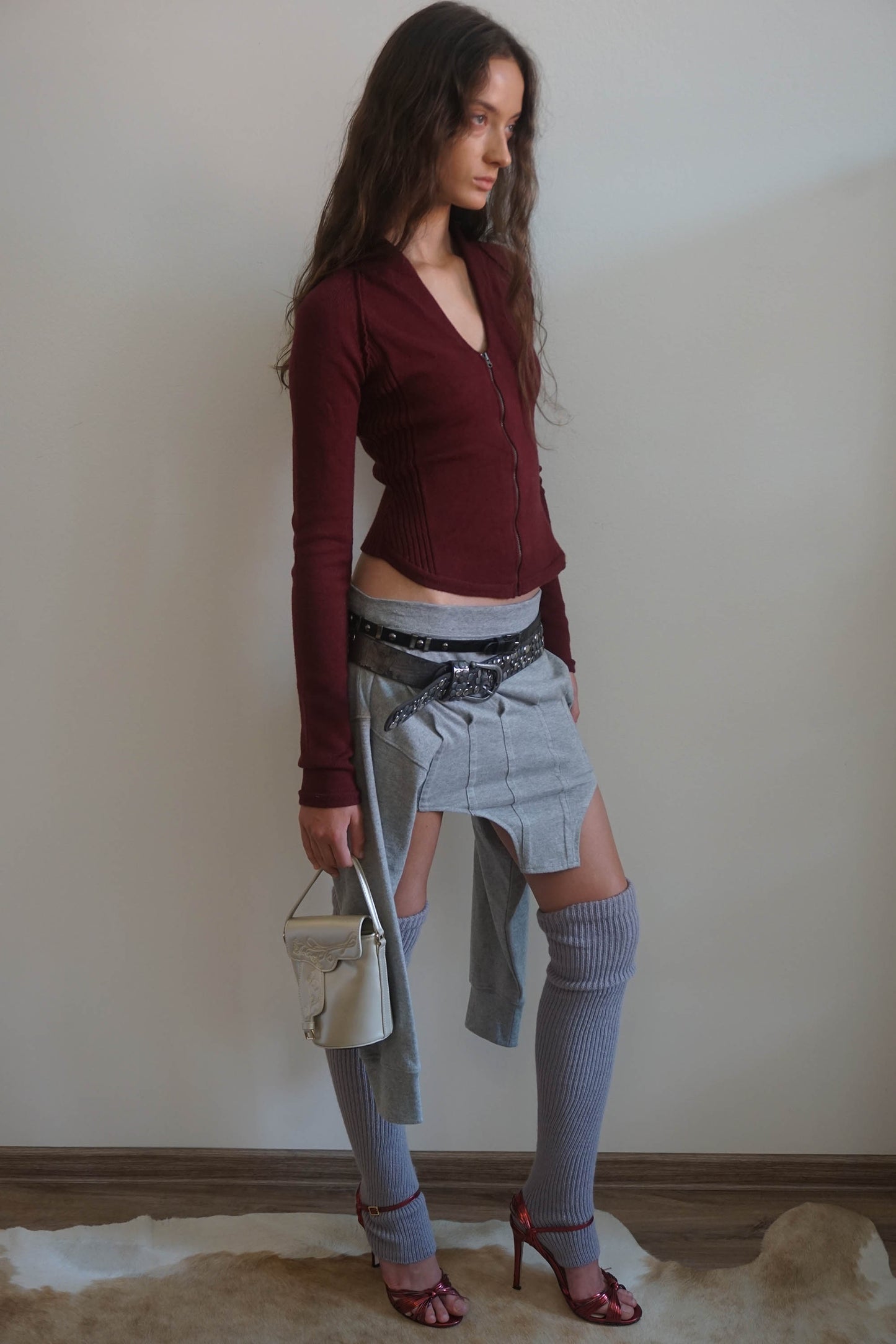 Open Collar Knit Zip-Up Deep Plum