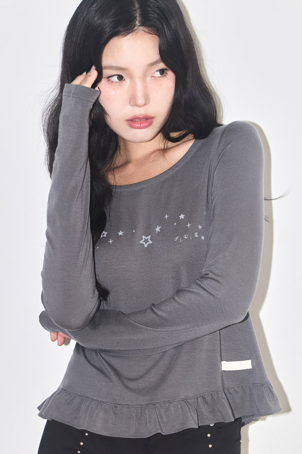 Basic Frill Long Sleeve Charcoal