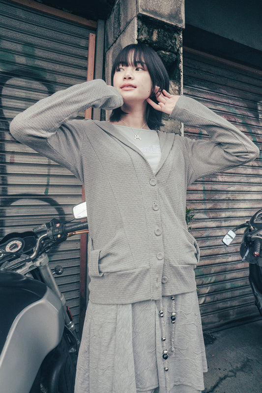 Hooded ribbon cardigan (Gray)
