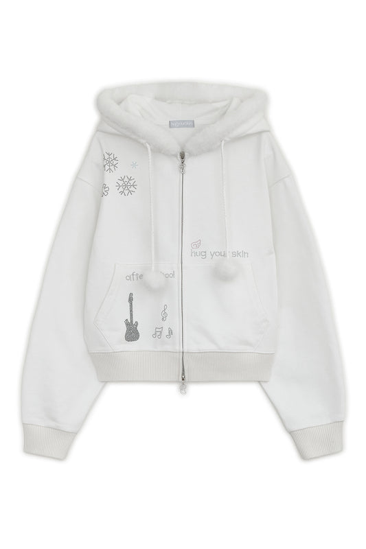 Hotfix fur hoodie zip-up (White)