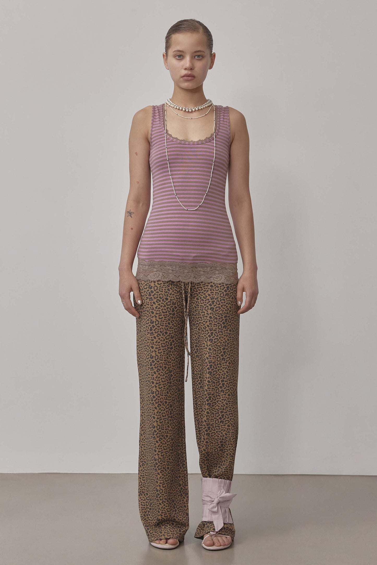 Lace Trimming Tank Top Pink/Brown