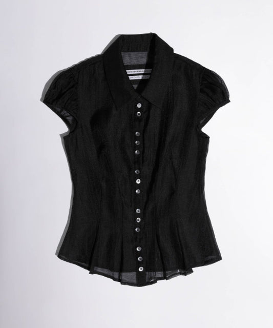 Sheer Pleated Hem Blouse - Black