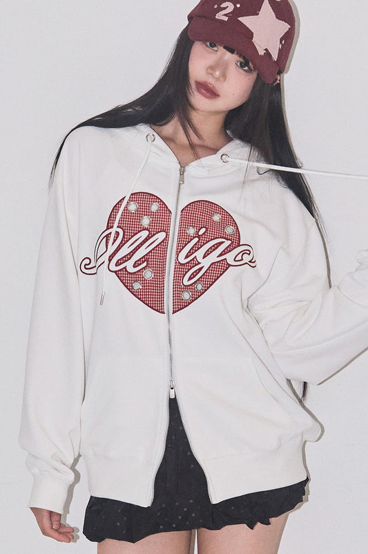 Check Heart Eyelet Hood Zip-Up White