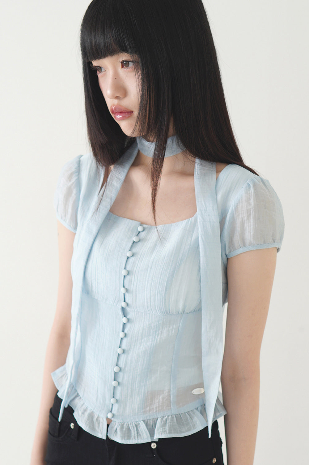 Ribbon Tie Square Neck Blouse Blue
