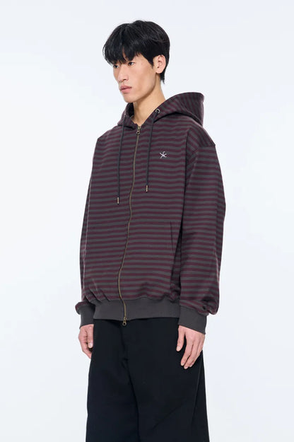 TCM Stripe Hood Zip-up / charcoal burgundy