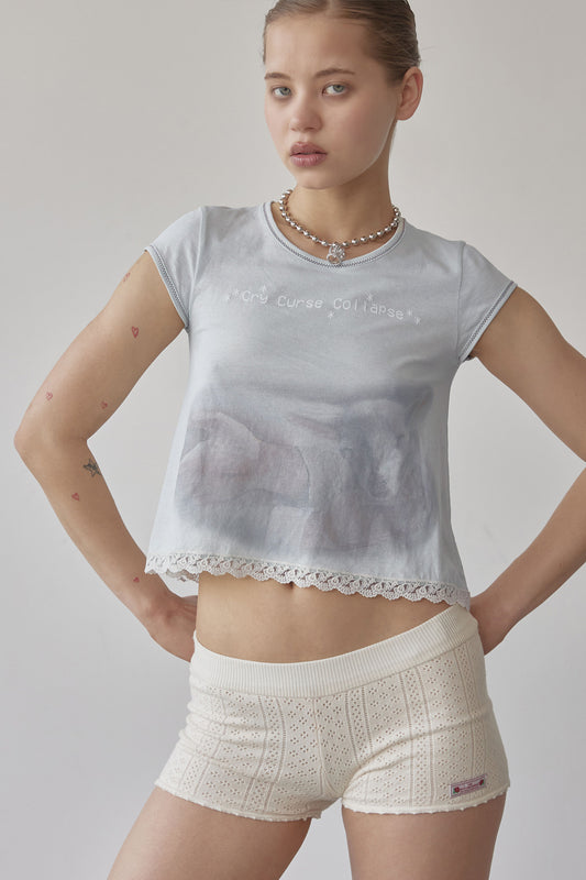Lace Crop Baby Tee Mystic Blue