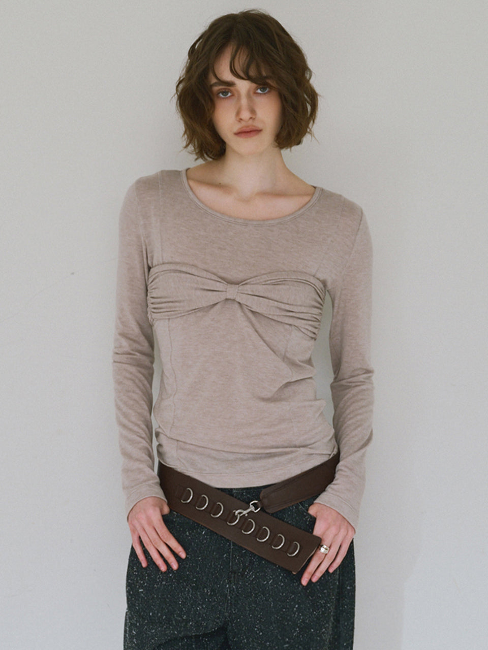 Bustier Shirring T-shirts [Beige]