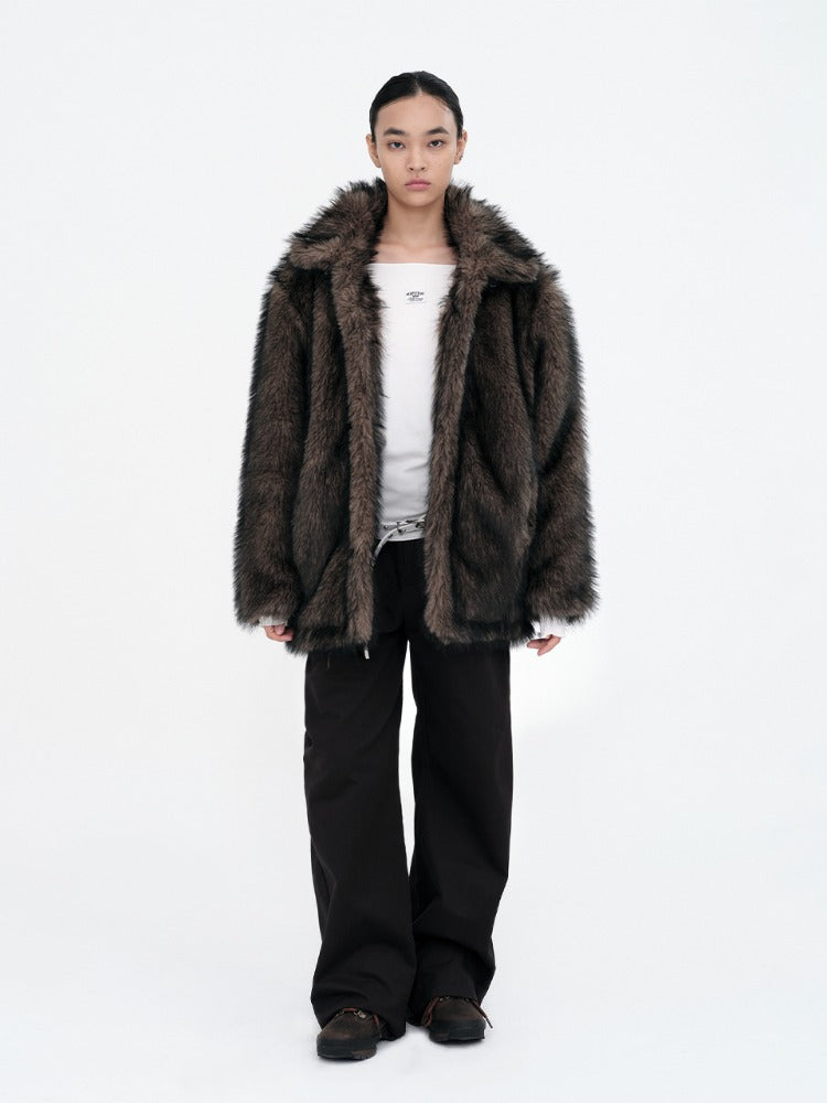 Buckle Long Hair Fur Jacket [Brown]