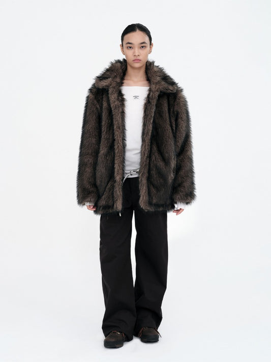 Buckle Long Hair Fur Jacket [Brown]