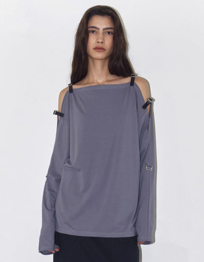 BUCKLE OFF-SHOULDER JERSEY TOP / 3 Color