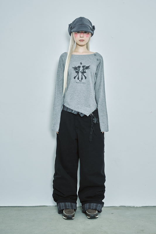 Check roll-up cotton pants (Black)