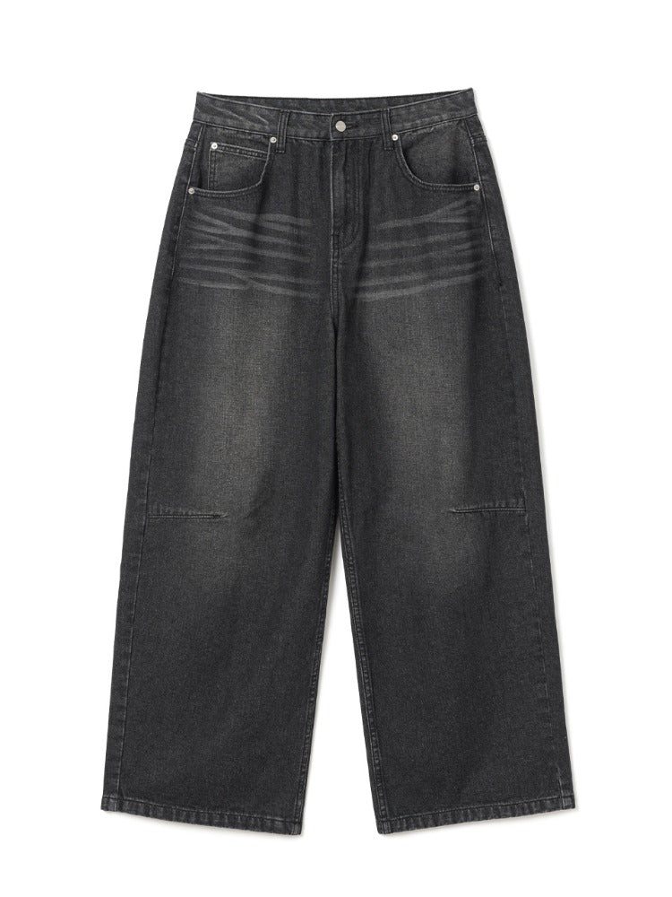 Loose Straight Denim Pants [Washed Black]