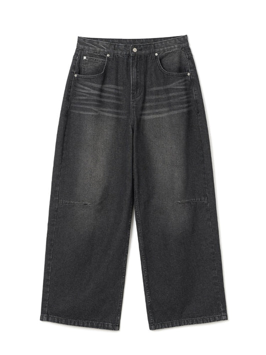 Loose Straight Denim Pants [Washed Black]