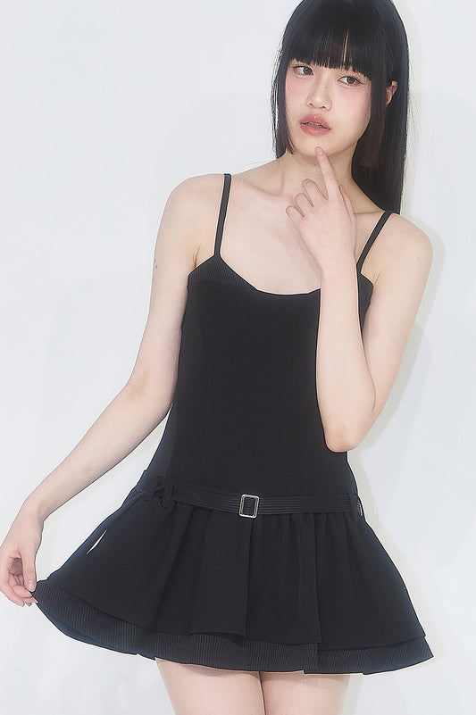 Stripe Colored Ruffle One-Piece Dress Black